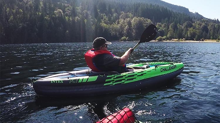 k1 Challenger intex kayak on grass next to lake showing inflatability
